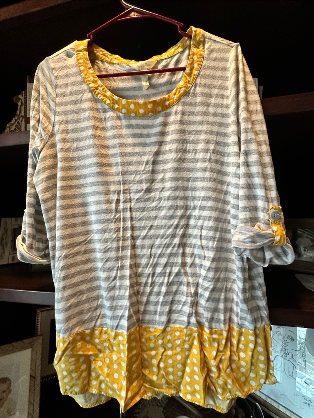Matilda Jane Gray Striped Tunic with Yellow Polka Dot Trim